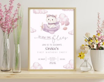 Invito per il primo compleanno con aeroplano rosa: festa con gattini giocosi, modello Canva modificabile (download digitale 5x7)