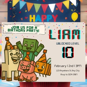 Editable Videogame Birthday Invitation, Minecrafter birthday invitations, Birthday Invitation, Gamer invitation, Editable Canva Block Mine