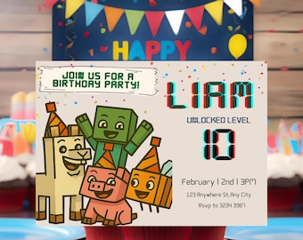 Invito di compleanno modificabile per videogiochi, inviti di compleanno Minecrafter, invito di compleanno, invito per giocatori, Canva Block Mine modificabile