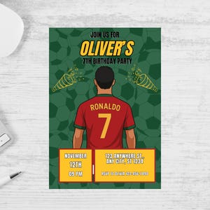 Faire-part d'anniversaire de football, Ronaldo, Kid Soccer Bday Party inviter, modèle numérique modifiable, carte imprimable, toile, football, Portugal