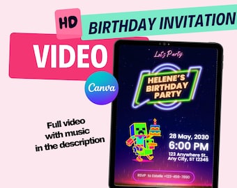 Invito di compleanno animato al neon: festa per bambini, invito modificabile su Canva, video digitale di compleanno (7x5 Mine Design)