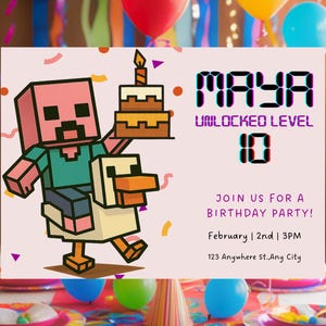 Game Birthday Invitation Template: Pink Craft Block Party (Digital Download, 7x5 Canva Editable Card)