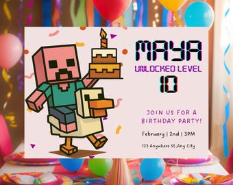 Modello di invito di compleanno per gioco: Pink Craft Block Party (download digitale, biglietto modificabile Canva 7x5)