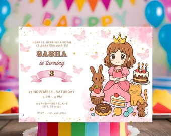 Invito di compleanno per principessa: Castello reale, rosa e oro (modello digitale modificabile Canva)