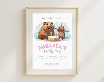 Modello di invito di compleanno per capibara, invito per festa per bambini (Canva modificabile 5x7)