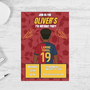 Invitación de cumpleaños de fútbol, Lamile Yamal, invitación para fiesta de cumpleaños de fútbol infantil, plantilla digital editable, tarjeta imprimible, Canva, fútbol, Portugal
