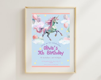 Modello di invito per festa di compleanno a tema unicorno / Canva Evite modificabile (download digitale)