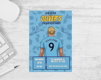Invito di compleanno Haaland Soccer: tema Manchester City (modello digitale)
