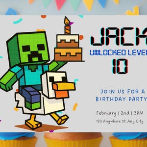 Faire-parts d'anniversaire Minecrafter, taille 5 x 7, faire-part d'anniversaire de jeu vidéo, carte d'anniversaire, anniversaire fille garçon, pixélisation d'invitation