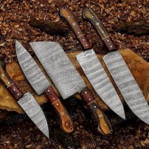Hand Forged Damascus Steel Chef Knife Set, Kitchen Knives | Chef knives Set, Handmade 5 pcs Luxury Damascus Knife Gift for him,Gifts for her