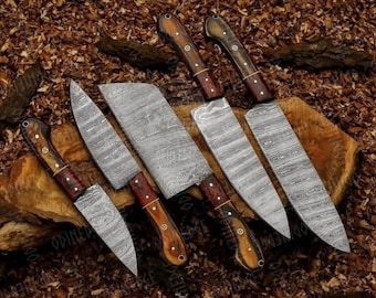 Hand Forged Damascus Steel Chef Knife Set, Kitchen Knives | Chef knives Set, Handmade 5 pcs Luxury Damascus Knife Gift for him,Gifts for her