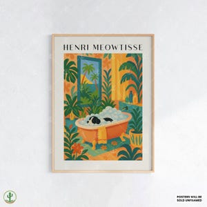 Tropical Henri Matisse Style Dog Bathroom Art Print – Black and White Dog Relaxing in Bubble Bath with Palm View and Bold Jungle Decor