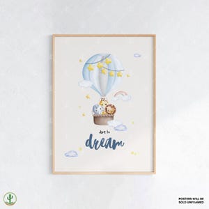 Safari de globos "Atrévete a soñar" / Impresión de arte de pared para guardería / Decoración linda para habitación de bebé / Póster infantil de animales / Arte imprimible para habitación de bebé