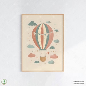 Globo aerostático caprichoso / Impresión de arte de pared para guardería / Decoración linda para habitación de bebé / Póster infantil de animales / Arte imprimible para habitación de bebé