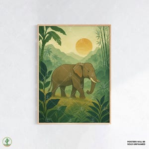 Stampa artistica da parete con elefante nella giungla pacifica – Poster di fauna selvatica delicata con bambù, lussureggiante fogliame verde e scena di tramonto dorato
