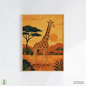 Stampa artistica da parete "Giraffe Safari" - Poster con calda fauna selvatica africana con tramonto, alberi della savana ed elegante illustrazione di una giraffa