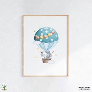 Arte de globo aerostático de elefante / Impresión de arte de pared para guardería / Decoración linda para habitación de bebé / Póster infantil de animales / Arte imprimible para habitación de bebé
