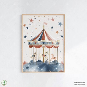 Carrusel vintage / Impresión de arte de pared para guardería / Decoración linda para habitación de bebé / Póster infantil de animales / Arte imprimible para habitación de bebé
