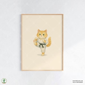 Stampa murale acquerello con gatto di arti marziali - Adorabile gattino soriano arancione in uniforme da karate, per decorazioni motivazionali