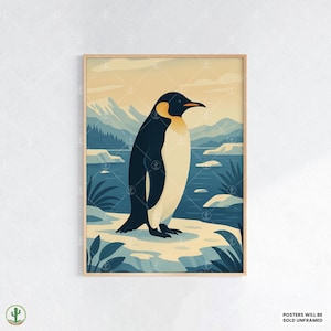 Lámina de arte mural de pingüino emperador: póster de fauna ártica con paisaje helado, montañas y una escena de naturaleza polar en tonos fríos.