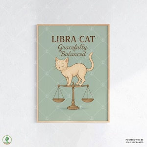 Poster con il segno zodiacale del gatto Bilancia – Affascinante stampa artistica astrologica con un grazioso gatto sulla bilancia per un arredamento che trasmette equilibrio e armonia.
