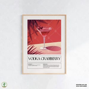 ウォッカクランベリーカクテルウォールアートプリント｜キッチンバーラウンジにぴったりのレシピ付き大胆な赤いドリンクポスター｜モダンミニマリストインテリア