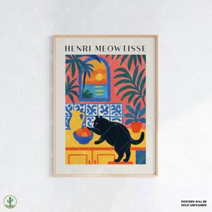 Tropical Henri Matisse Style Black Cat Art Print – Colorful Kitchen Wall Decor with Sunset View and Fruit Bowl Illustration
