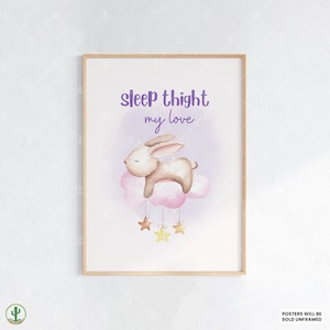 Conejito durmiendo en una nube / Impresión de arte de pared para guardería / Decoración linda para habitación de bebé / Póster infantil de animales / Arte imprimible para habitación de bebé