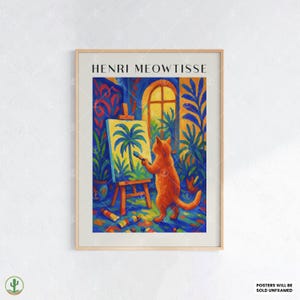 Vibrant Henri Matisse Style Cat Art Print – Colorful Painter Cat with Easel Creating Palm Tree Art in Bold Tropical Studio Setting