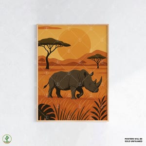 Stampa artistica da parete "Safari Rhino" – Poster audace sulla fauna selvatica africana con tramonto, paesaggio della savana e potente illustrazione di un rinoceronte