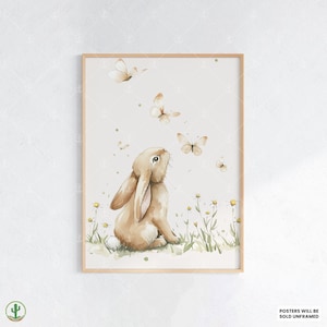 Momento de conejito y mariposas / Impresión de arte de pared para guardería / Decoración linda para habitación de bebé / Póster infantil de animales / Arte imprimible para habitación de bebé