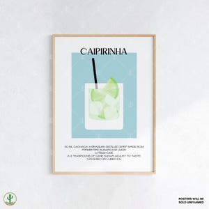 カイピリーニャカクテルウォールアートプリント｜キッチン、バー、ラウンジ、トロピカルなインテリアにぴったりのレシピ付きクラシックなブラジル産ライムドリンクポスター