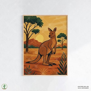 Stampa artistica da parete "Kanguro Outback" - Poster audace sulla fauna selvatica australiana con tramonto, paesaggio del deserto rosso e scena di boscaglia autoctona