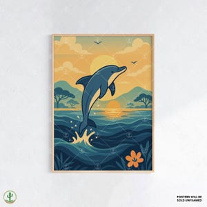 Lámina de arte mural con delfines saltando en el océano: vibrante póster de fauna marina con puesta de sol, olas tropicales y una divertida escena marina.