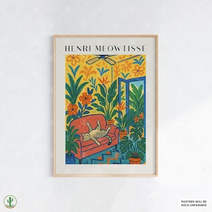 Colorful Henri Matisse Style Cat Art Print – Relaxed Tabby on Sofa in Vibrant Living Room with Plants and Bold Floral Wallpaper