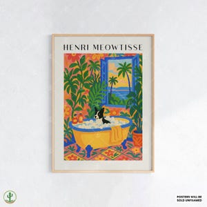 Tropical Henri Matisse Style Dog Bathroom Art Print – Black and White Dog in Bubble Bath with Ocean Sunset View and Bold Floral Decor