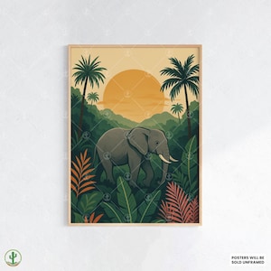 Impresión de arte mural de elefante de la selva: majestuoso póster de animales de safari con follaje tropical, atardecer y exuberante selva tropical.