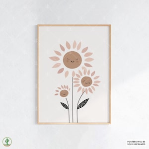 Lächelnde Sonnenblumenfamilie | Kunstdruck Kinderzimmer | Niedliches Babyzimmer Dekor | Poster für Kinder | Druckbare Babyzimmer Kunst