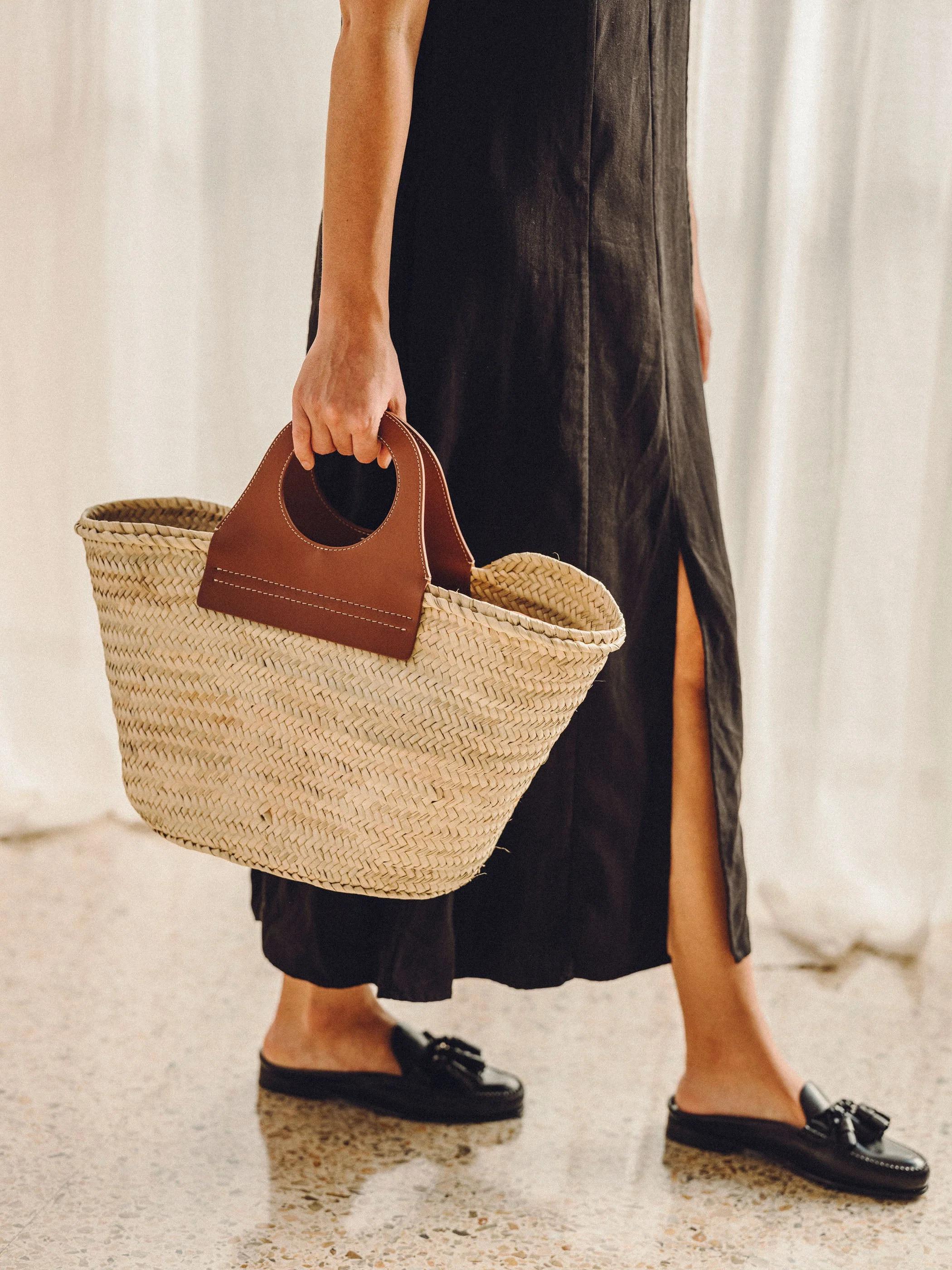 Moroccan Doum Straw Bag With Leather Handle – Handmade Boho Market Tote ...