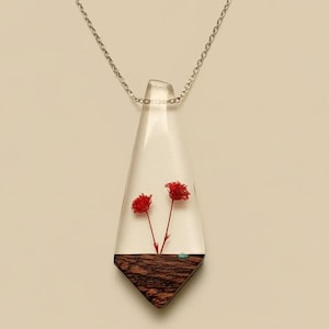 Handmade Mahogany Wood Resin Necklace with Real Dried Flower Pendant