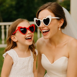 Puede incluir: Una novia y una niña pequeña con gafas de sol en forma de corazón. Las gafas de sol de la novia dicen "Bride" y las de la niña dicen "Riley".