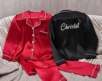 Custom-made satin long-sleeved pajama set for bridesmaids, wedding preparation outfit, autumn wedding gift.