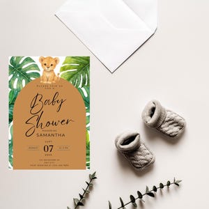 Baby Lion Cub Theme Baby Shower Invitation Card, Jungle Leaf, Green and Brown theme, Lion Theme, Baby Lion. Baby shower invite, Watercolour