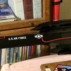 Puede incluir: Un modelo de avión negro con el texto "U.S. AIR FORCE" y el número "976" visibles. El modelo tiene detalles rojos y un emblema de estrella. El avión se exhibe sobre un soporte.