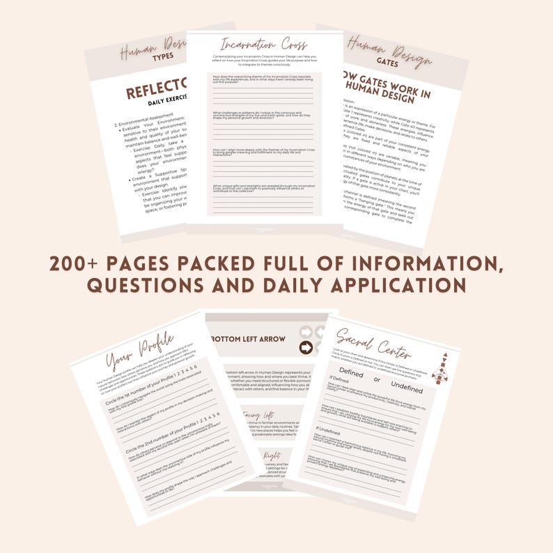May include: A collection of printed worksheets with headings like "Human Design" and "Incarnation Cross." The text "200+ PAGES PACKED FULL OF INFORMATION, QUESTIONS AND DAILY APPLICATION" is displayed in a large font. The worksheets are arranged on a light beige background.