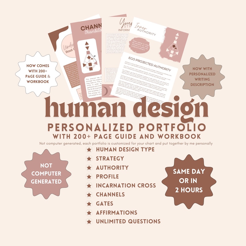 May include: A personalized Human Design portfolio with a 200+ page guide and workbook. The image features the text "human design" in a large, stylized font, along with other text and graphics. The portfolio includes information on strategy, authority, profile, and more.