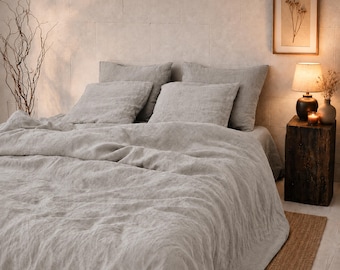 Autumn Neutral Linen Bedding Set, Breathable Flax Duvet Cover, Stone Grey Queen King Bed Linens