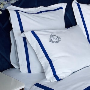 Monogrammed White Bedding Set, Cotton Sateen Duvet Cover and Sheet, Hotel Style Piped Trim, Queen King Personalized Bed Linen