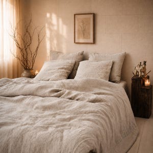 May include: A beige linen bedding set featuring a duvet cover and four matching pillows. The fabric has a visible woven texture in a neutral light brown tone. The bedding is arranged on a bed with a soft, draped appearance across the mattress.