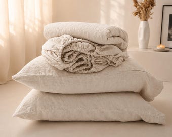 Natural Linen Bedding Set, 100 Percent Flax Duvet Cover with Flat or Fitted Sheet Minimalist